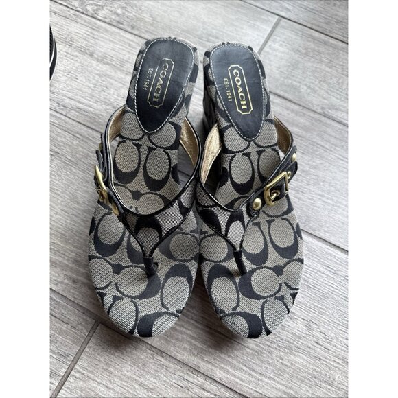 Coach Designer Gracy Signature Beige Gray & Black Wedge Sandal Heels - Size 8 - Picture 1 of 9